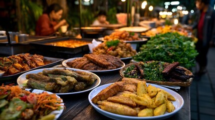 Fototapeta premium A vibrant street food stall displays an array of colorful dishes including fried items greens and sauces under warm evening lights