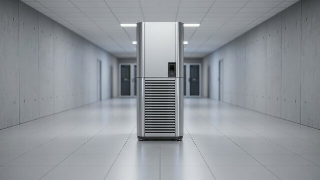 A modern server tower standing in the center of a clean industrial data center corridor with concrete walls. Technology concept for cloud computing infrastructure.
