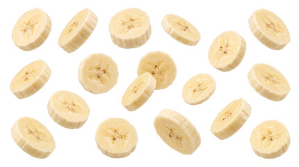 Scattered slices of ripe banana on a black isolated on png transparent background © Sumon