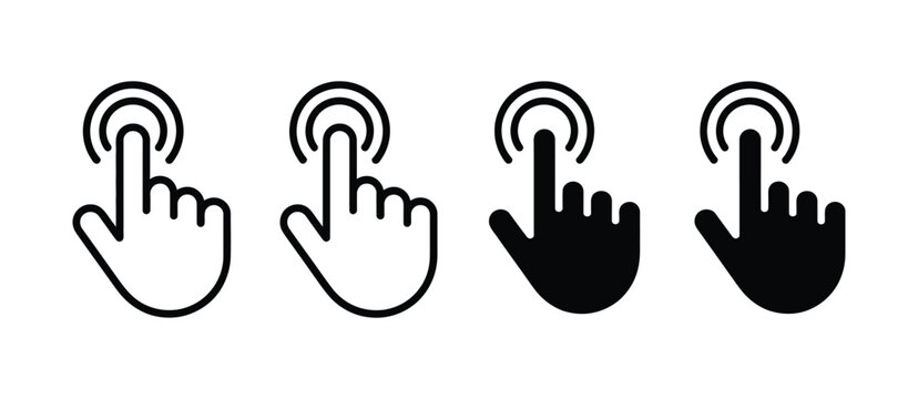 Clicking finger icons, hand click gesture and click here symbols for digital interface, website navigation, user interaction and vector design