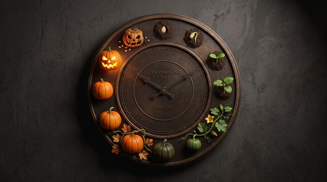 Artistic bronze clock illustrating the pumpkin life cycle from seed and sprout to jack-o-lantern and decay against a dark textured wall