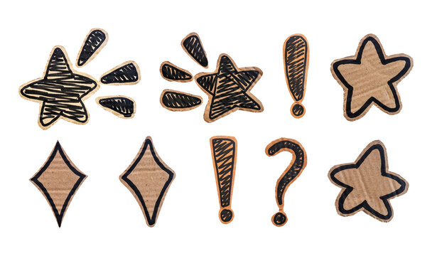 set of stars and marker made from cardboard for comic element isolated on white background