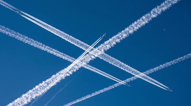 Photograph of a deep blue sky with sharp, crisp white airplane contrails crisscrossing