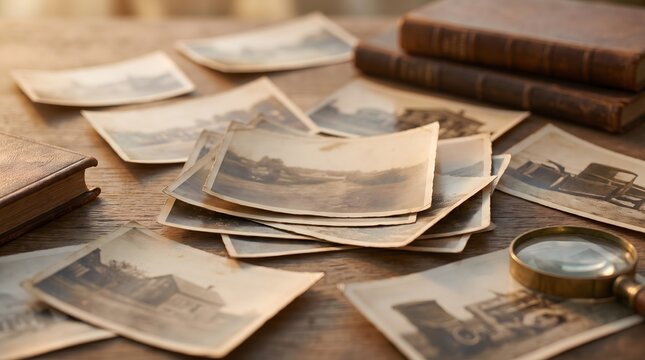 Vintage black and white photographs scattered on a wooden table with books