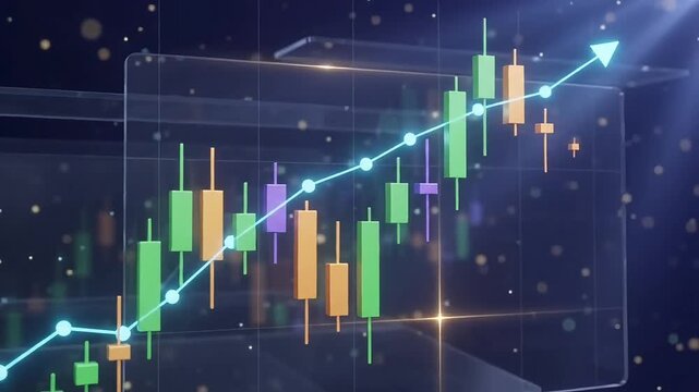 Financial candlestick chart with rising upward trend line in 3D space