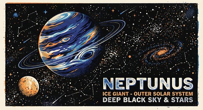 Retro grainy risograph poster of Neptune ice giant in deep space