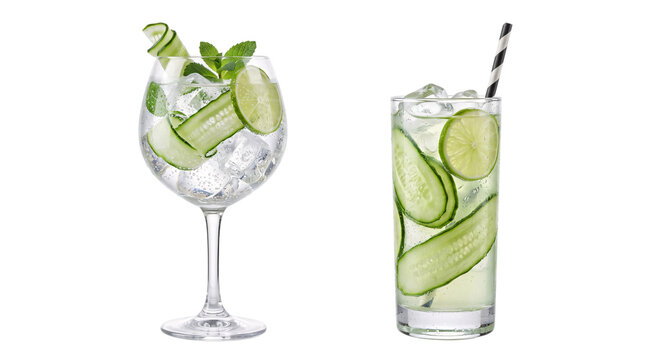 Two refreshing cucumber gin and tonic isolated on png transparent background