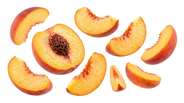 Sliced ripe peaches with pit and wedges isolated on png transparent background