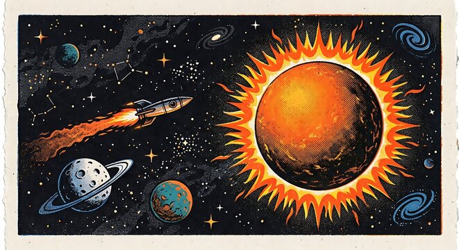 Retro grainy risograph space illustration with rocket ship and sun