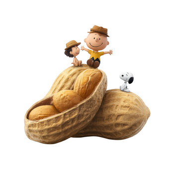 Charlie Brown Linus and Snoopy sitting inside giant peanut shells