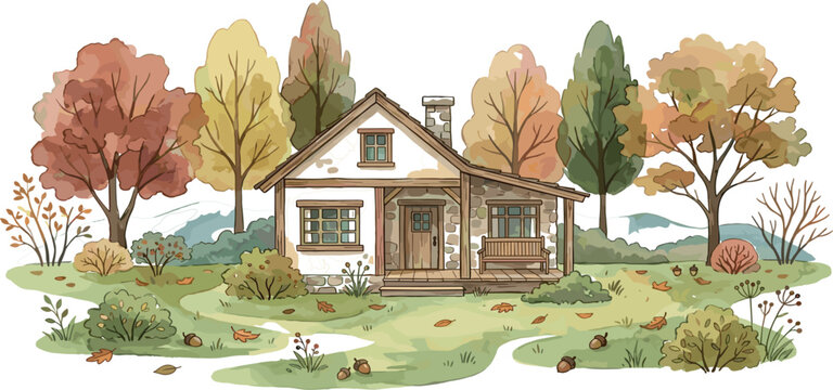 Cute autumn cozy country cottage vector landscape background with rustic house and colorful fall trees