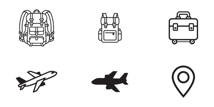 Travel Icons Set &ndash; Backpacks, Rolling Suitcase, Airplanes & Location Pin