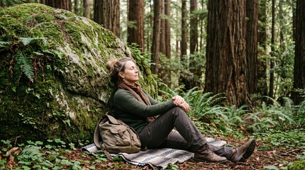 Obraz premium Woman meditating peacefully in a lush green redwood forest leaning against a moss covered boulder with eyes closed