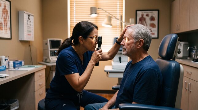 Ophthalmologist examining senior patient's eye with ophthalmoscope in a modern clinic examination room