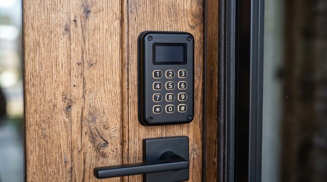 Modern electronic smart door lock with keypad on rustic wooden door. Matte black handle and security system panel. House entrance, smart home technology and home safety concept