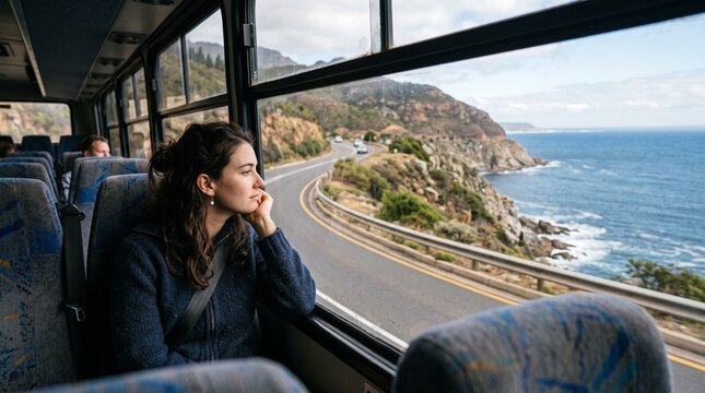 Woman gazes out bus window at scenic coastal road and ocean during a scenic journey