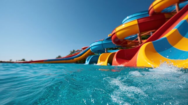 Family enjoying colorful water slides at modern outdoor water park