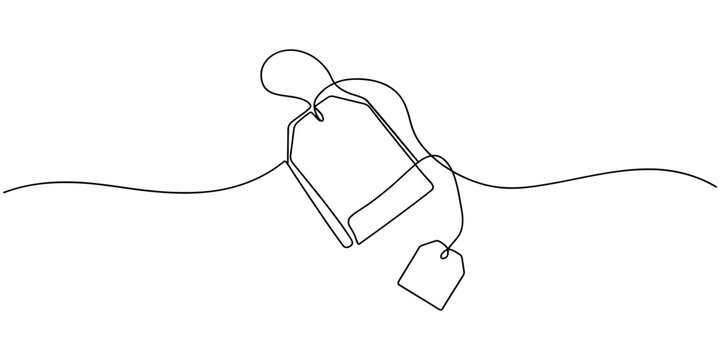 Continuous one line drawing of a tea bag with a small paper label hanging down Vector, illustration