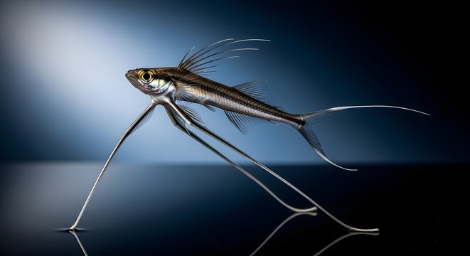 Marine needlefish with long thin fins poised on reflective surface during studio lighting