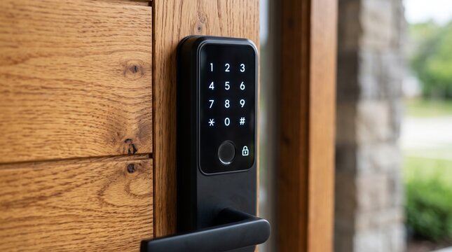 Digital door lock keypad on rustic wood | Electronic smart entry system | Contactless access code security device | Modern keyless home automation