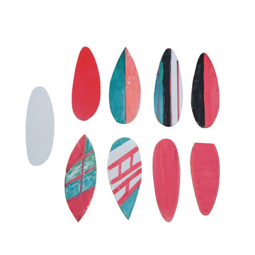 Set of eight surfboard shaped paper cutouts with red, pink, and teal patterns arranged on a clean white background, for crafts isolated on a transparent background
