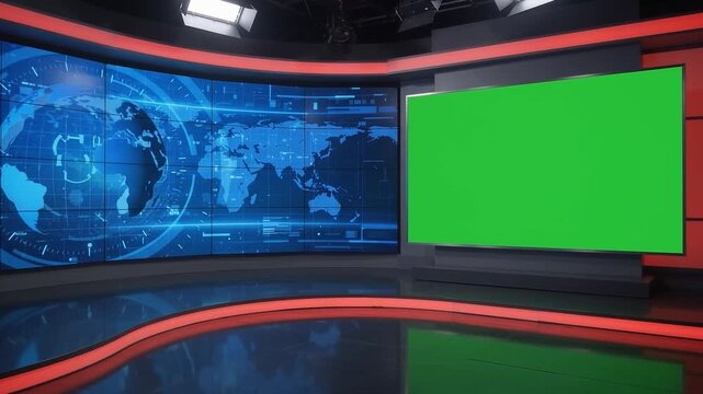 Virtual News Studio Background with World Map and Green Screen Mockup