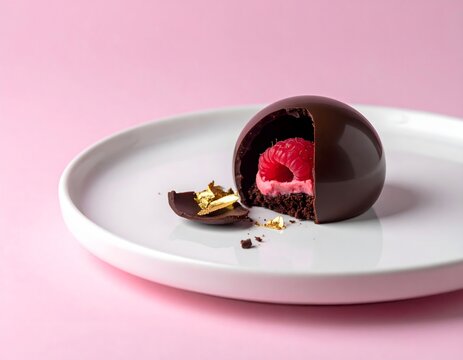Exquisite dark chocolate sphere dessert with raspberry filling and gold leaf on a white plate