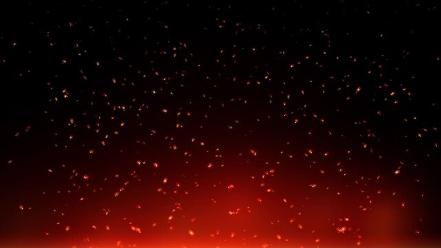 Glowing fire embers rising in dark night, abstract burning sparks overlay effect floating