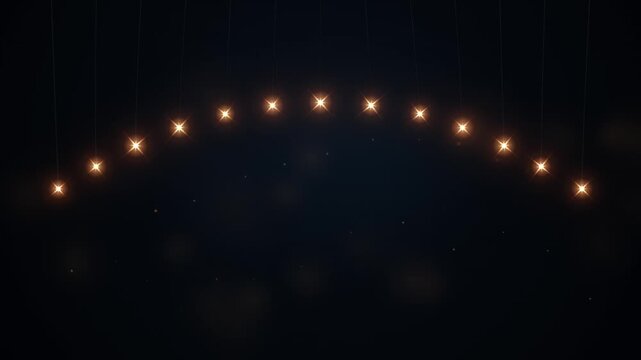 Glowing hanging light bulbs arch, festive string lights background, warm bokeh celebration atmosphere