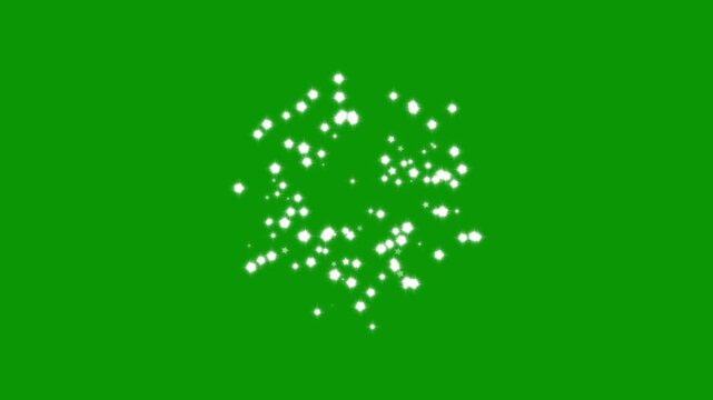 White glowing twinkle stars animation with sparkling glitter dust trail, 2D flat sparkle effect overlay, magic particle burst, retro vector star doodles blinking, green screen loop 4k