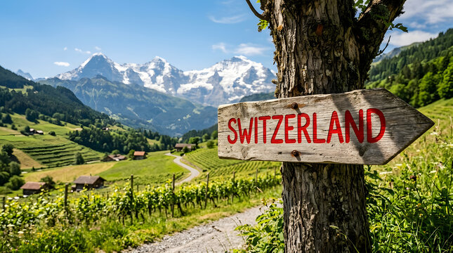 Wooden signpost pointing toward scenic mountainous countryside