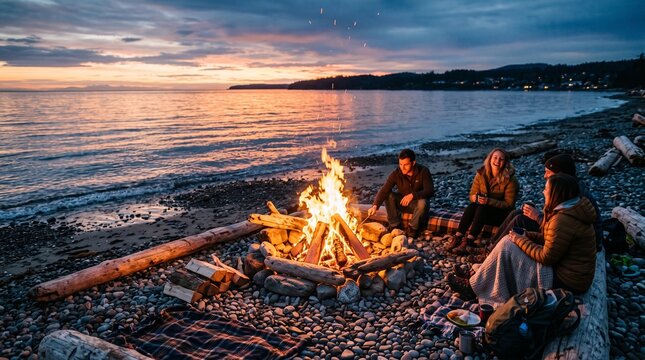 Friends gathered around beach bonfire at sunset, young people relaxing on shore with warm campfire glow, seaside evening atmosphere, outdoor socializing by the water, winter fire pit