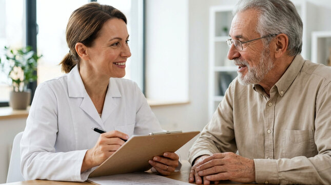 Doctor consulting senior patient, healthy lifestyle, medical checkup, conversation