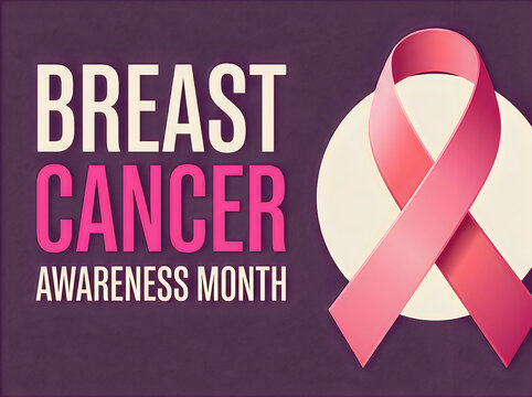 Breast cancer awareness month with pink ribbon and text on a purple background