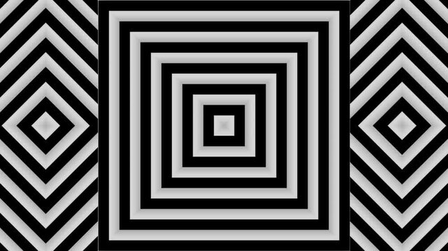 Rotating geometric square patterns in a mesmerizing black and white video