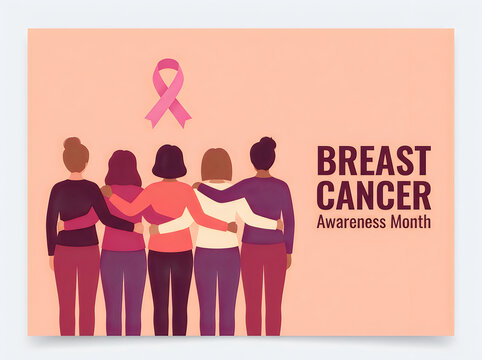 Diverse group of people supporting breast cancer awareness with a pink ribbon