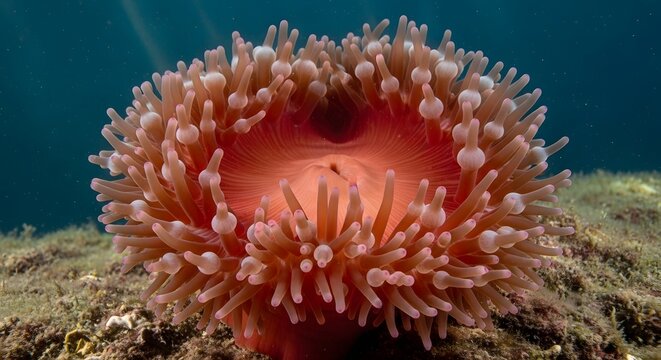 Orange Sea Anemone with Tentacles Underwater in Sunlight with Rocky Seabed