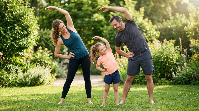 Family Exercising Outdoors: Parents and Child Doing Stretches in Sunny Garden