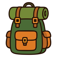 Fototapeta premium Cute and simple flat vector illustration of a green hiking backpack with an orange front pocket and a rolled sleeping mat attached to the top