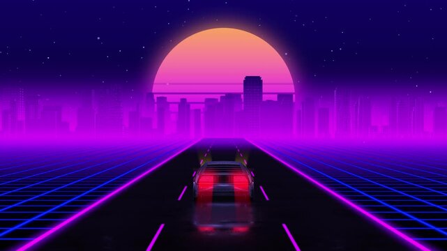 Sports car driving toward neon sunset in synthwave animation motion loop