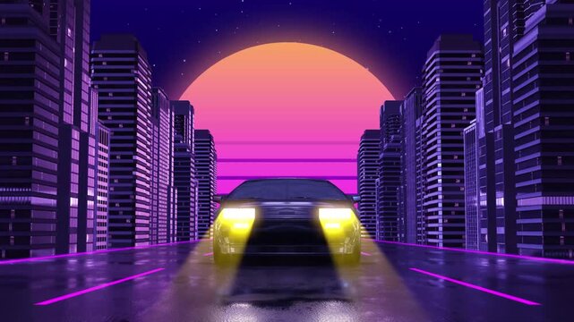 Retro synthwave sportscar driving through neon city night video footage