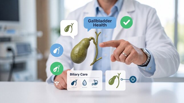 Doctor pointing at a digital gallbladder model with medical interface icons in an office setting with healthcare professional interacts holographic model human gallbladder biliary system icons