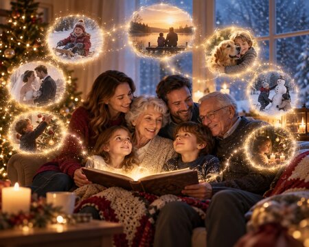 Magical holiday photo composite of a multi-generational family looking at a glowing album, reliving cherished memories together on a cozy Christmas Eve night. Concept of family legacy and nostalgia.