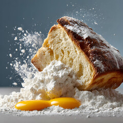 Fototapeta premium Baking ingredient flour egg yolk bread pastry sugar splash powder explosion motion Baking ingredient flour egg yolk bread pastry sugar splash powder explosion motion capture dramatic culinary