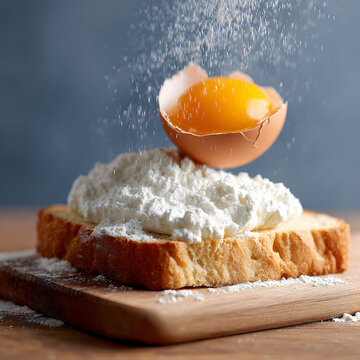 Bread egg flour baking ingredient cooking kitchen dessert sprinkle preparation fluffy slice of bread topped with soft flour and cracked egg yolk shell captures baking ingredient preparation moment