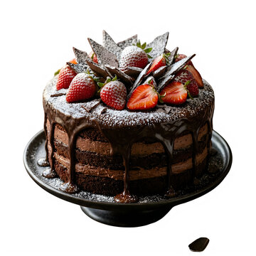 Decadent chocolate strawberry cake on a silver platter dark background