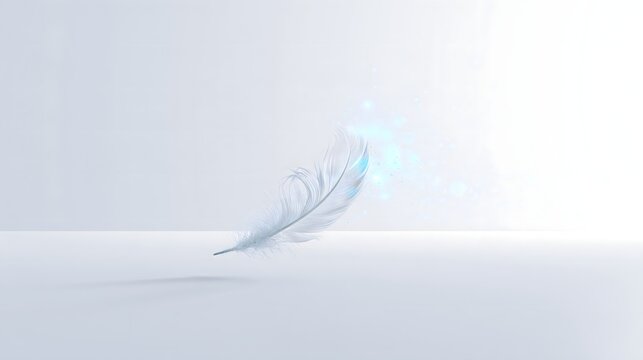 3D graphic of single feather soaring diagonally upward with trail of light