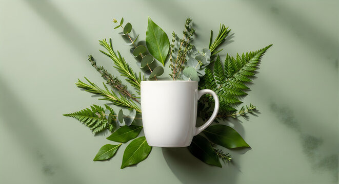 White ceramic mug surrounded by fresh green foliage on a pastel background