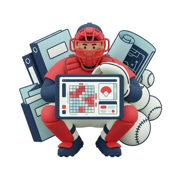 3d baseball catcher analyzing game statistics on a digital tablet