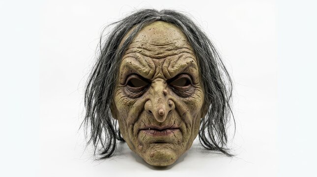 Scary Old Hag Witch Mask with Grey Hair Isolated on White Background